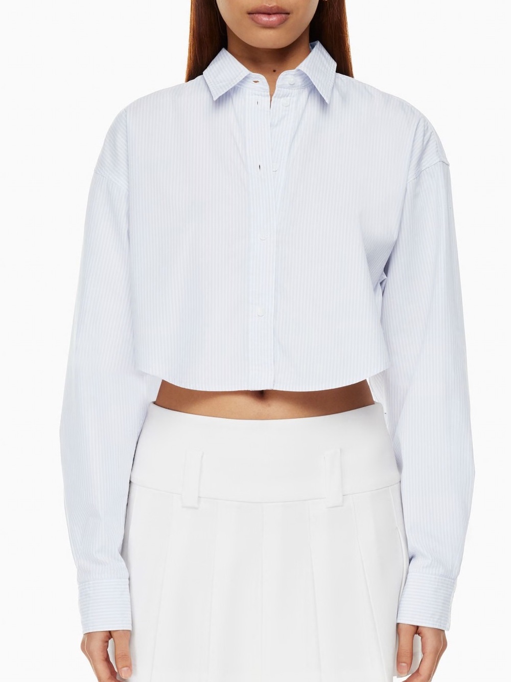 Aritzia Sunday Best Cropped Light Blue Striped Button Up Top
